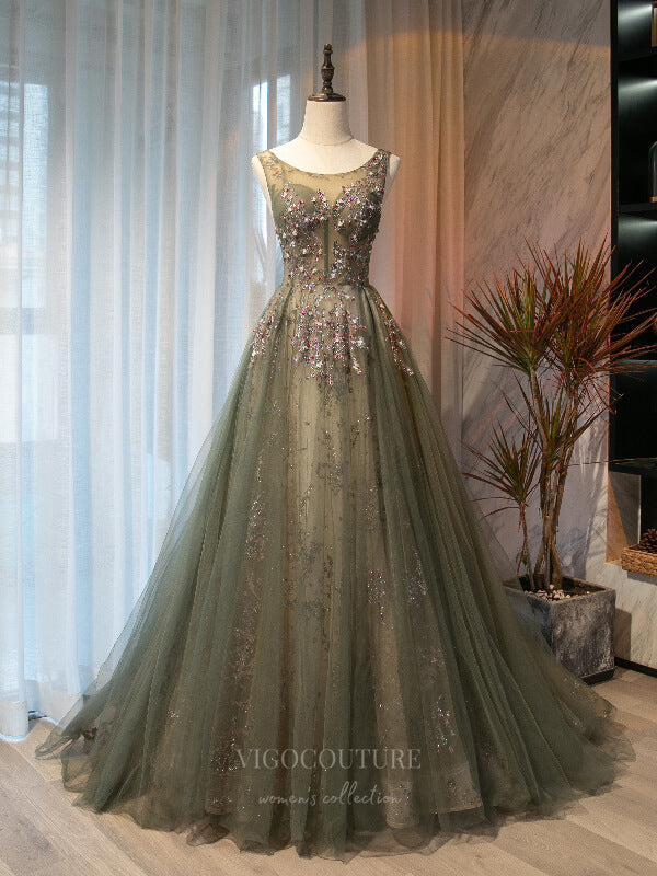 Prom Dress 2025 Green Beaded Tulle Boat Neck Prom Dress 20883-unique elegant Prom Dresses-Green-Custom Size-vigocouture