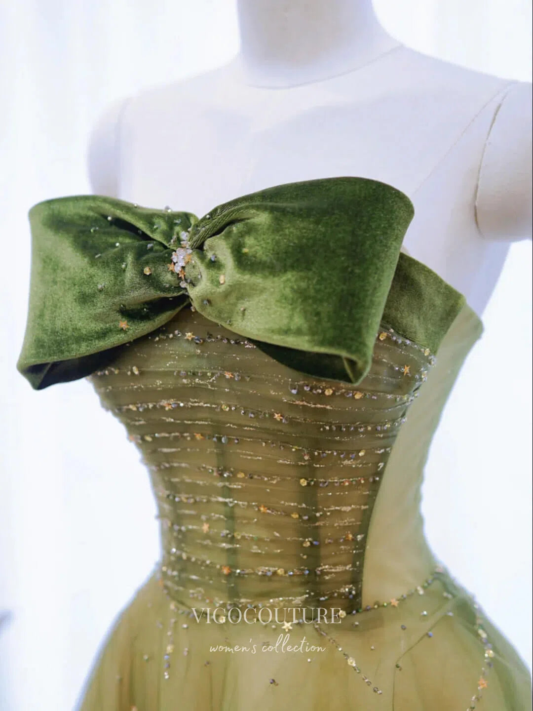 Prom Dress 2025 Green Bow-Tie Prom Dresses Beaded Strapless Formal Dresses 21179-unique elegant Prom Dresses-Green-Custom Size-vigocouture