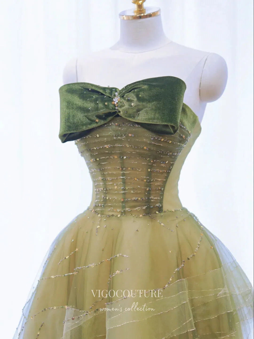 Prom Dress 2025 Green Bow-Tie Prom Dresses Beaded Strapless Formal Dresses 21179-unique elegant Prom Dresses-Green-Custom Size-vigocouture