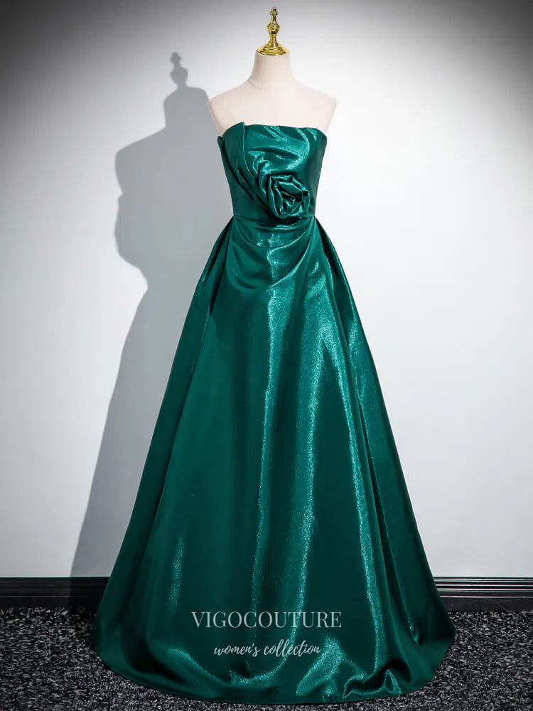 Prom Dress 2025 Green Floral Strapless Cheap Prom Dresses 2025 Satin Formal Gown 25068-unique elegant Prom Dresses-Green-Custom Size-vigocouture