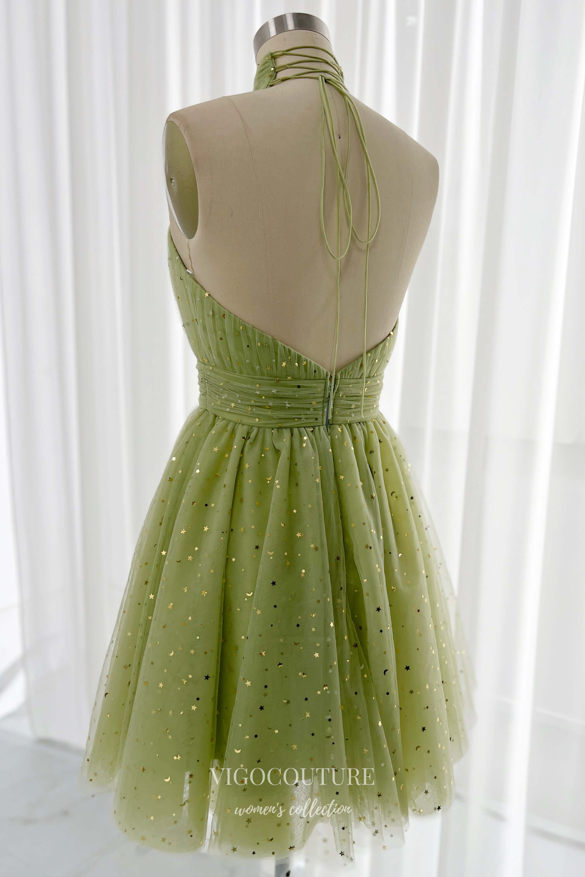 Green Halter Neck Homecoming Dresses Starry Tulle Graduation Dress hc4