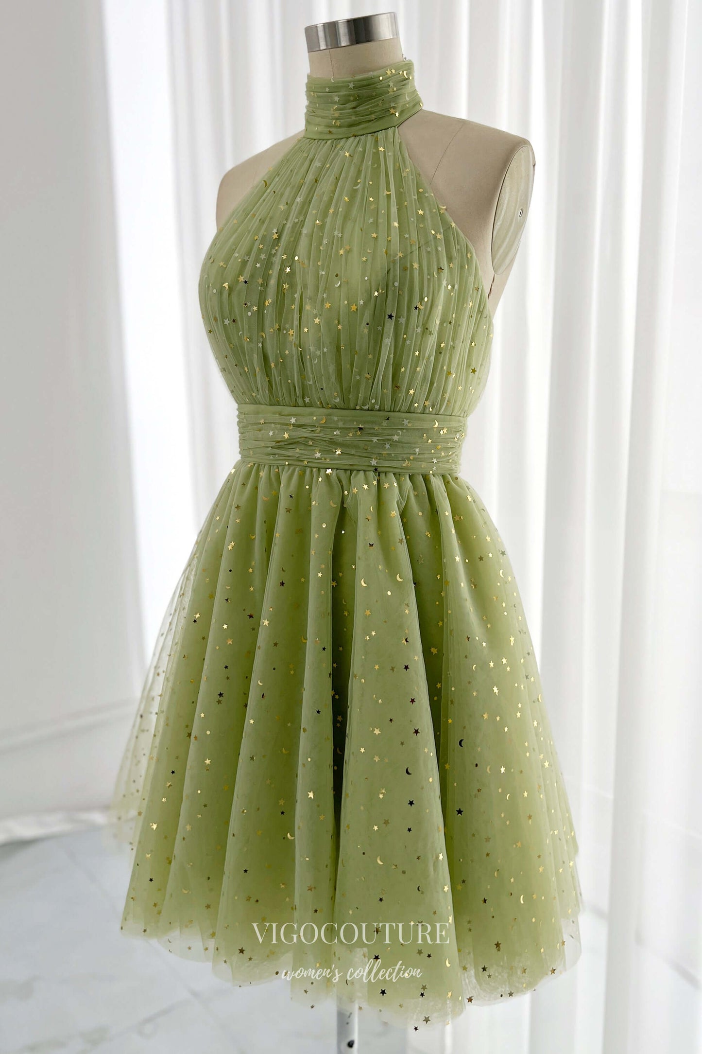 Short Prom Dresses 2025 Green Halter Neck Homecoming Dresses Starry Tulle Graduation Dress hc422-Prom Dresses-vigocouture-vigocouture