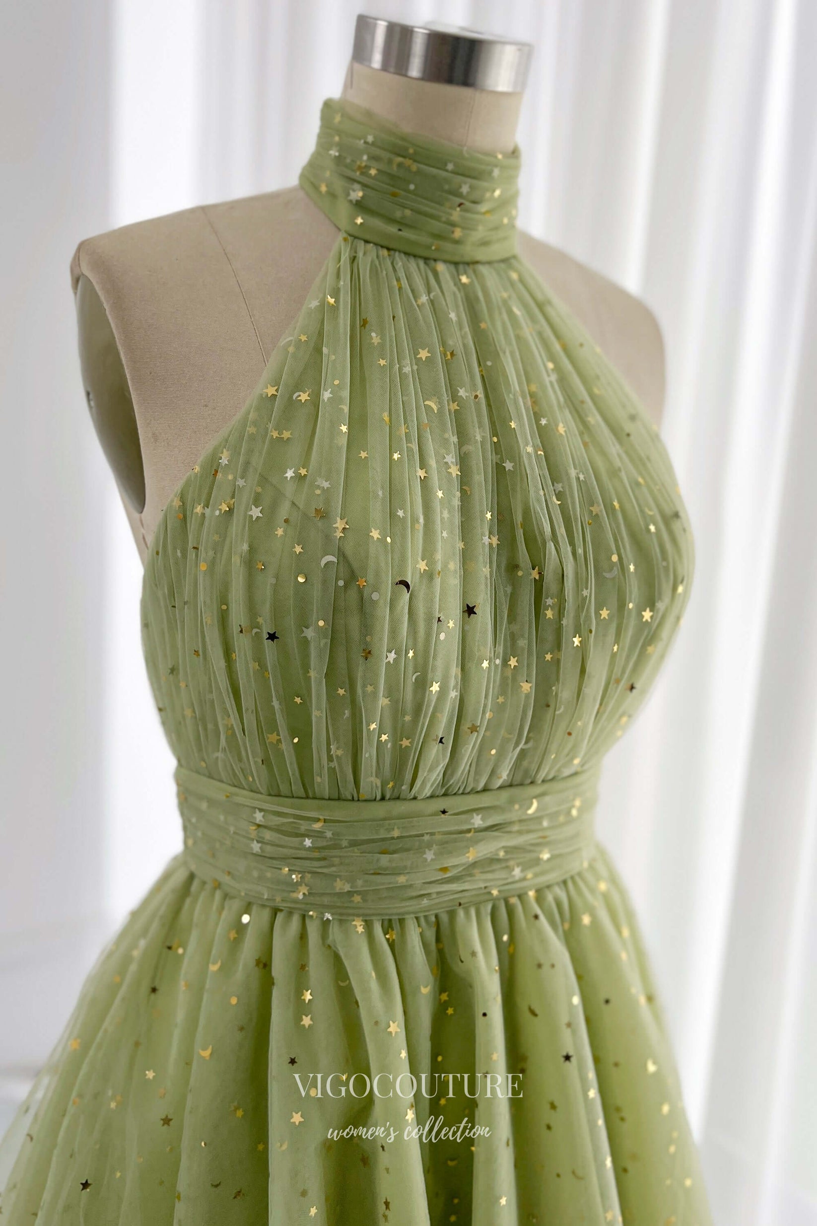 Green Halter Neck Homecoming Dresses Starry Tulle Graduation Dress hc4