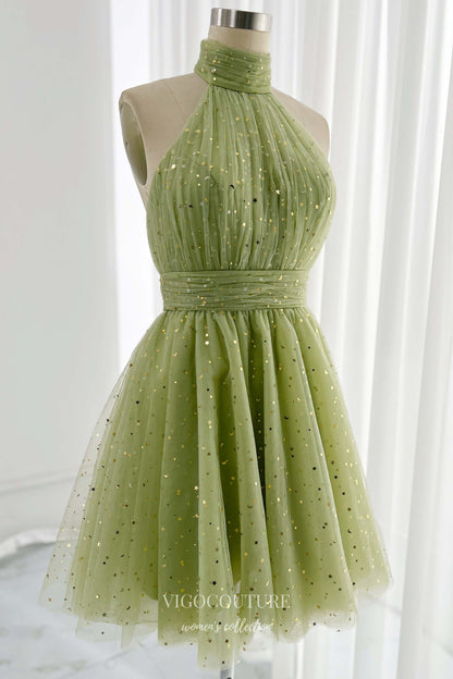 Green Halter Neck Homecoming Dresses Starry Tulle Graduation Dress hc422 Custom Colors / 16W Green Halter Neck Homecoming Dresses Starry Tulle Graduation Dress hc422 Custom Colors / 16W
