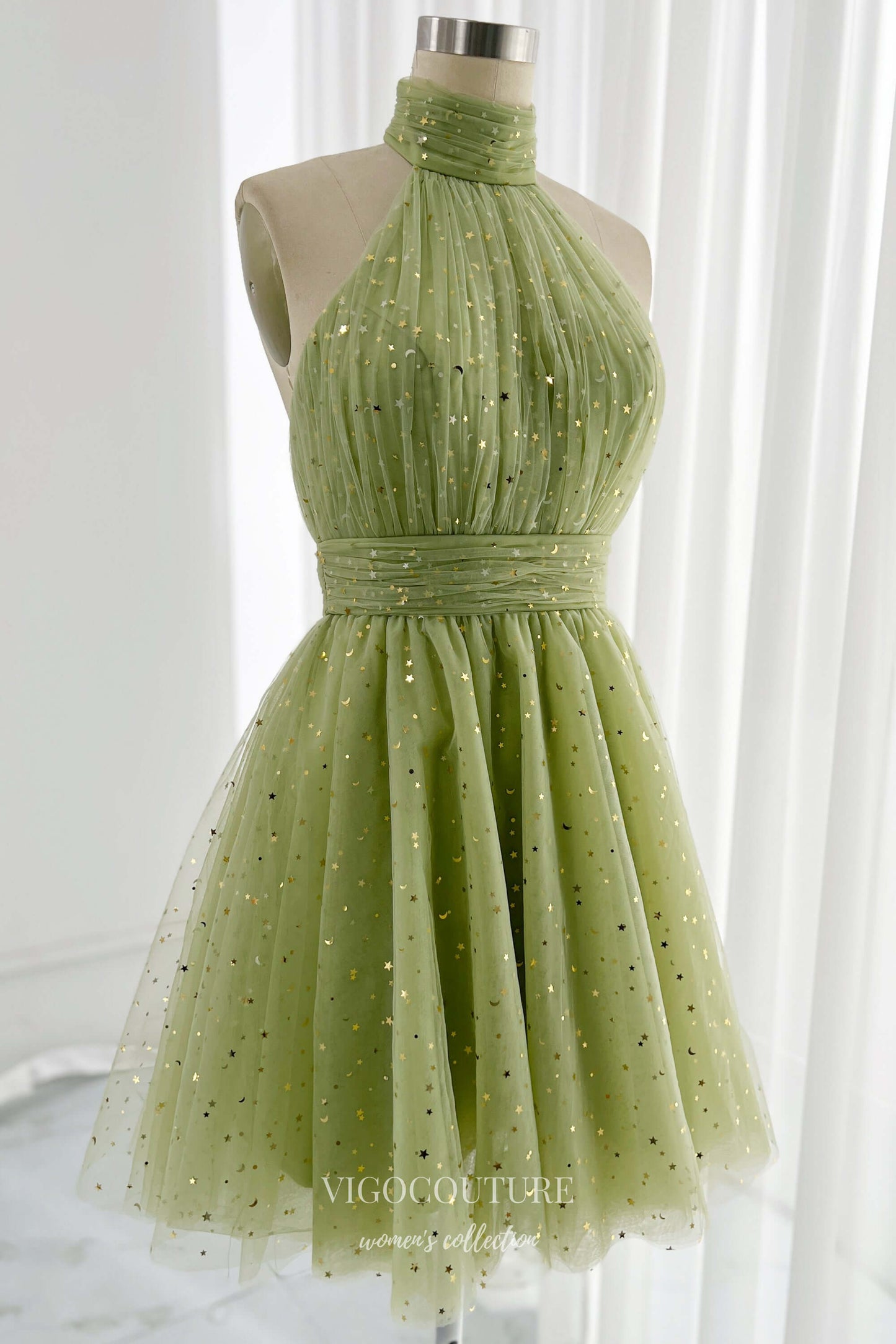 Short Prom Dresses 2025 Green Halter Neck Homecoming Dresses Starry Tulle Graduation Dress hc422-Prom Dresses-vigocouture-Green-Custom Size-vigocouture