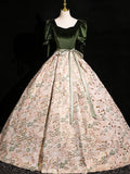 Green Jacquard Prom Dresses with Puffed Sleeve, Belt, Velvet Bodice, Quinceanera Dresses BG001