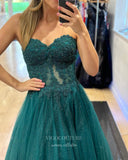 Prom Dress 2025 Green Lace Applique Prom Dresses Sparkly Tulle Strapless Evening Dress 21992-unique elegant Prom Dresses-Green-US2-vigocouture