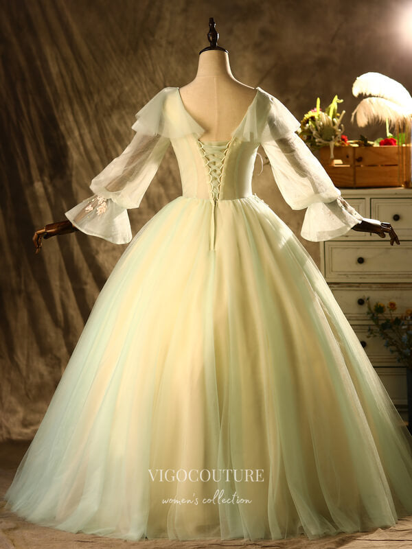 sweet 16 dresses green Green Lace Applique Quinceanera Dresses Long Sleeve Sweet 16 Dresses 21400