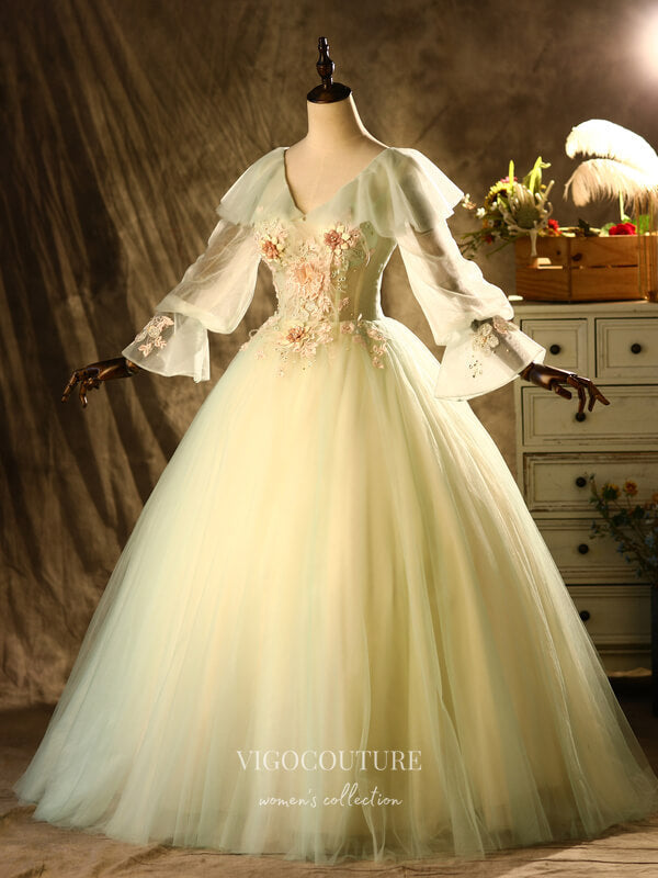 Prom Dress 2025 Green Lace Applique Quinceanera Dresses Long Sleeve Sweet 16 Dresses 21400-unique elegant Prom Dresses-As Pictured-Custom Size-vigocouture