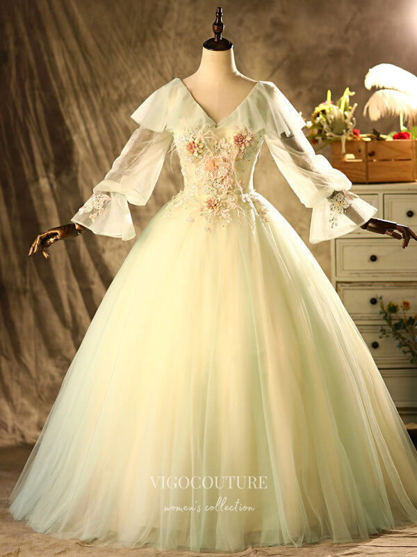 Prom Dress 2025 Green Lace Applique Quinceanera Dresses Long Sleeve Sweet 16 Dresses 21400-unique elegant Prom Dresses-As Pictured-Custom Size-vigocouture