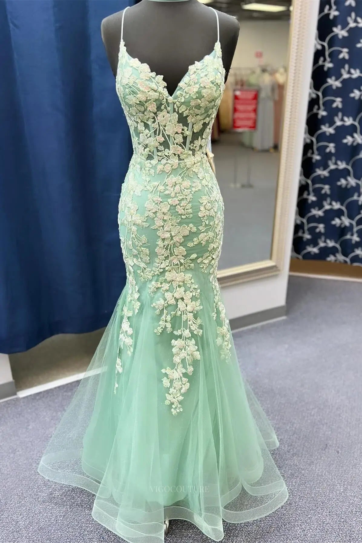 Prom Dresses 2025 to impress Green Lace Mermaid Prom Dresses 2025 Spaghetti Strap Formal Dress – 25172-vigocouture-Green-Custom Size-vigocouture