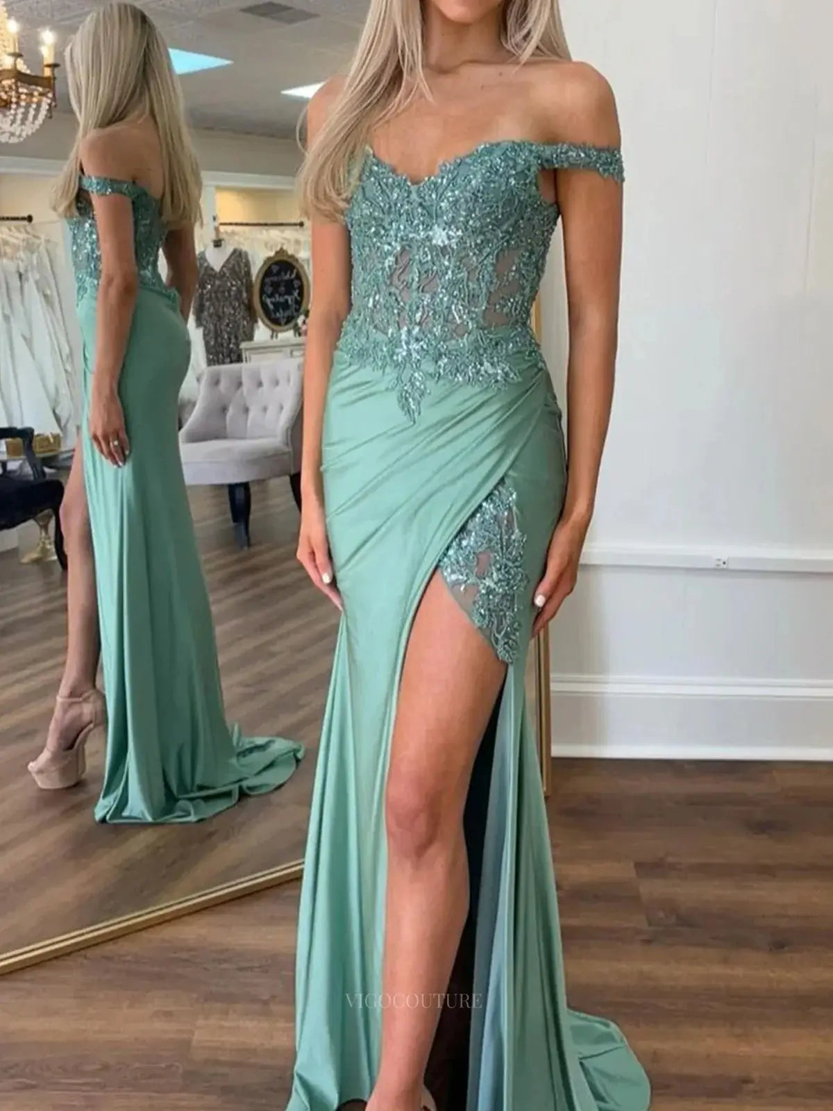 Prom Dresses 2025 to impress Green Lace Satin Prom Dresses 2025 Mermaid Off the Shoulder Formal Dresses with Slit – 25141-vigocouture-Green-Custom Size-vigocouture