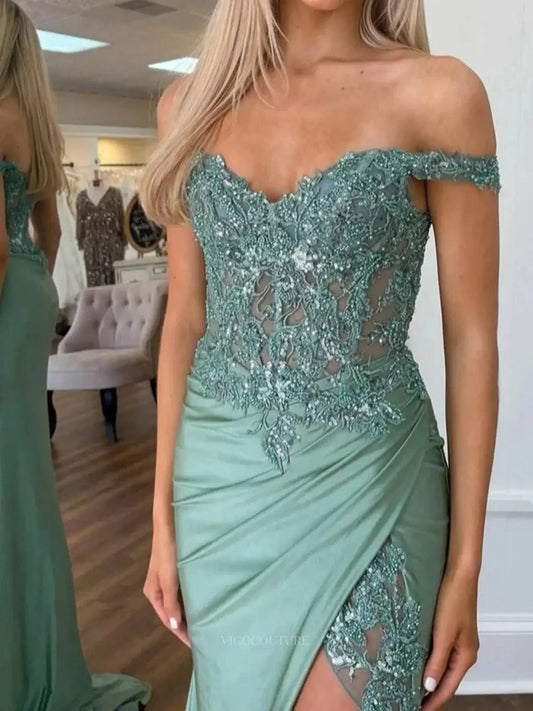 Prom Dresses 2025 to impress Green Lace Satin Prom Dresses 2025 Mermaid Off the Shoulder Formal Dresses with Slit – 25141-vigocouture-vigocouture