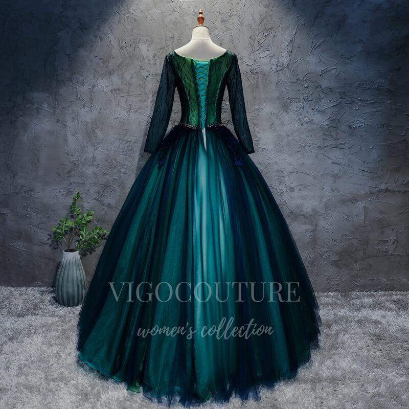 vigocouture-Green Long Sleeve Quinceañera Dresses Lace Applique Ball Gown 20434-Prom Dresses-vigocouture-