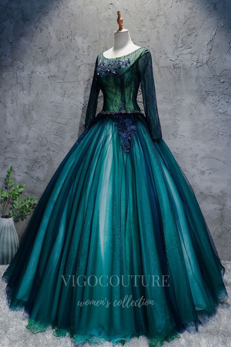 vigocouture-Green Long Sleeve Quinceañera Dresses Lace Applique Ball Gown 20434-Prom Dresses-vigocouture-