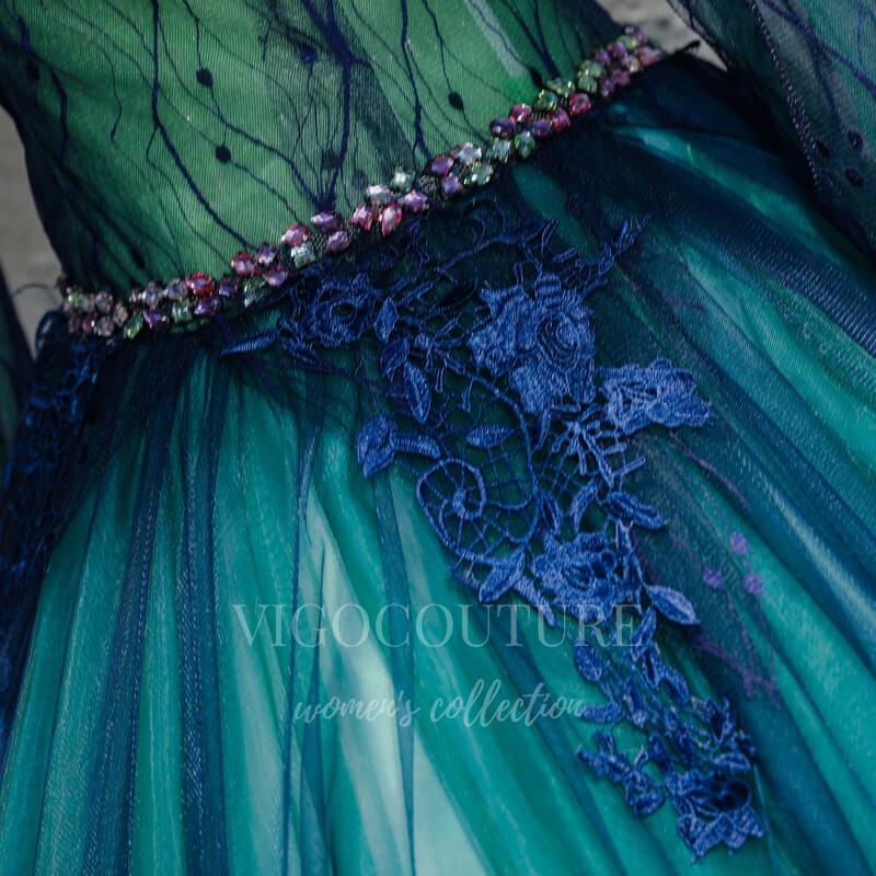 vigocouture-Green Long Sleeve Quinceañera Dresses Lace Applique Ball Gown 20434-Prom Dresses-vigocouture-