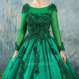 vigocouture-Green Long Sleeve Quinceañera Dresses Lace Applique Ball Gown 20435-Prom Dresses-vigocouture-