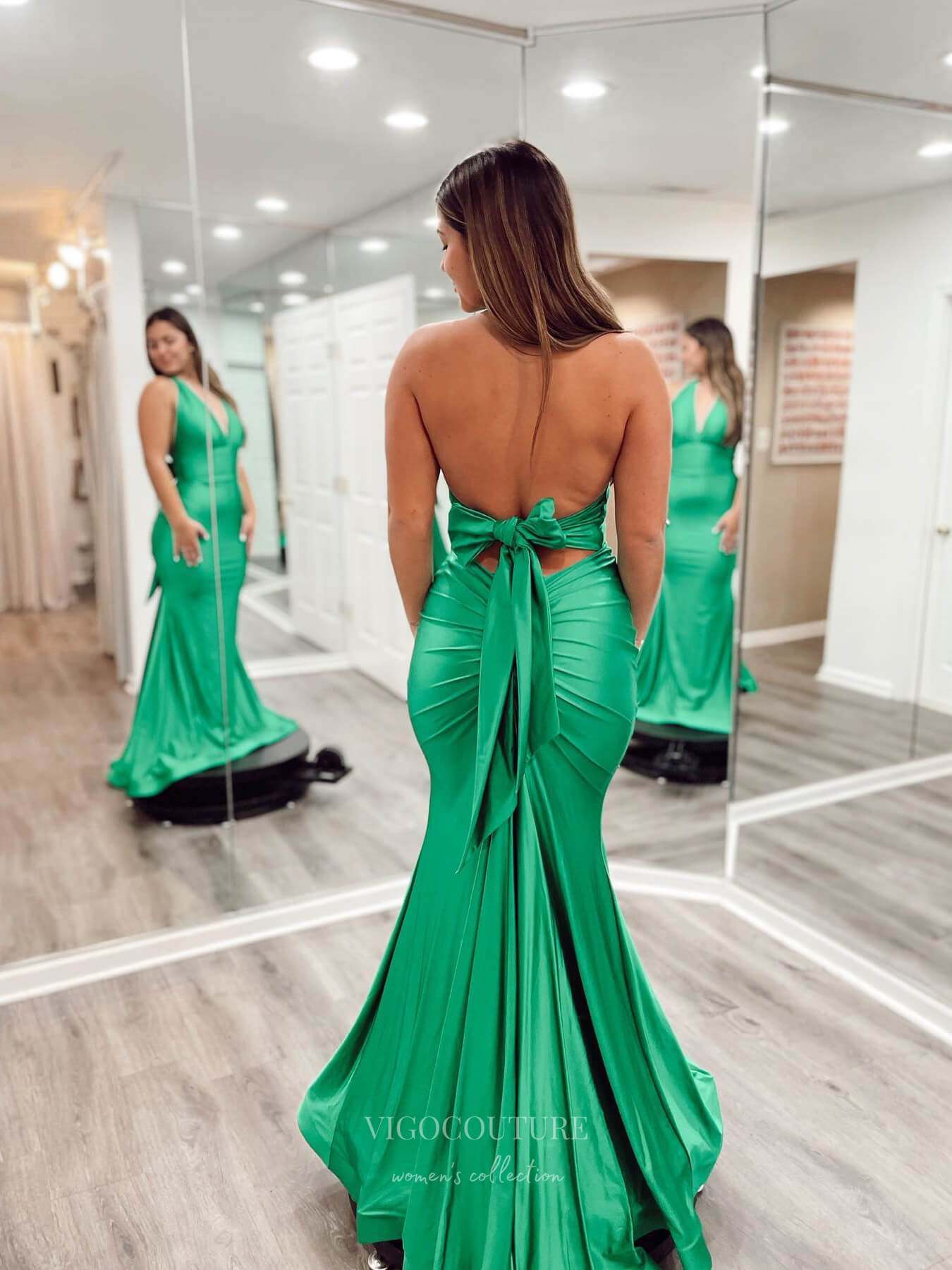 Prom Dress 2025 Green Mermaid Satin Cheap Prom Dresses Halter Neck Bow-Tie 24068-unique elegant Prom Dresses-Green-Custom Size-vigocouture