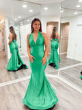 Prom Dress 2025 Green Mermaid Satin Cheap Prom Dresses Halter Neck Bow-Tie 24068-unique elegant Prom Dresses-Green-Custom Size-vigocouture