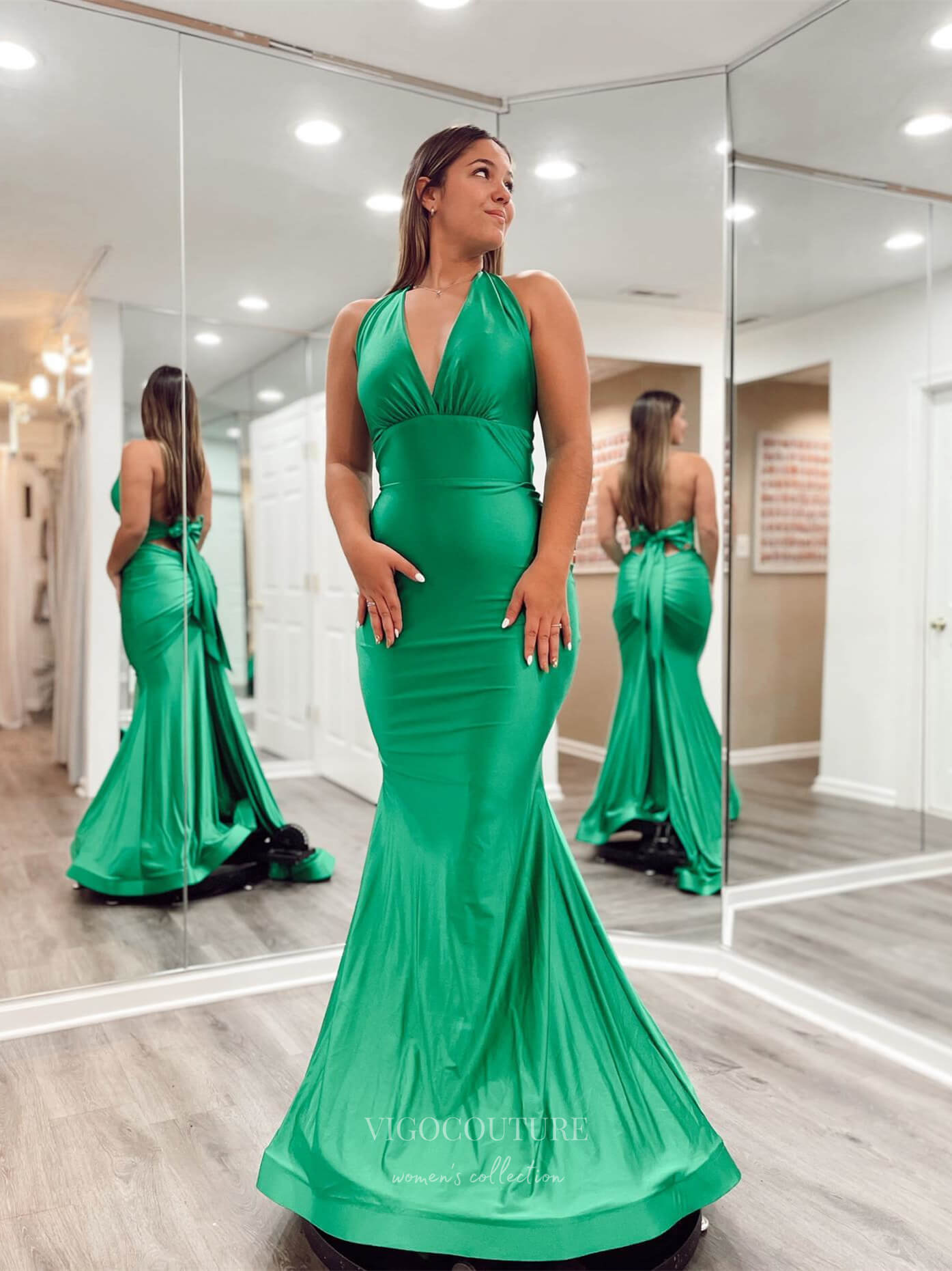 Prom Dress 2025 Green Mermaid Satin Cheap Prom Dresses Halter Neck Bow-Tie 24068-unique elegant Prom Dresses-Green-Custom Size-vigocouture