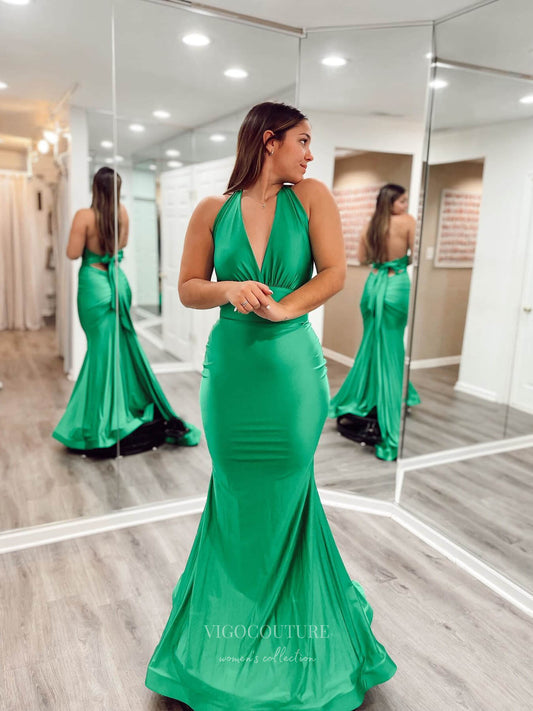 Prom Dress 2025 Green Mermaid Satin Cheap Prom Dresses Halter Neck Bow-Tie 24068-unique elegant Prom Dresses-Green-Custom Size-vigocouture