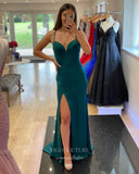 Prom Dress 2025 Green Mermaid Satin Prom Dresses with Slit Spaghetti Strap Evening Dress 22019-unique elegant Prom Dresses-Green-Custom Size-vigocouture