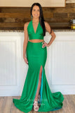 Green Mermaid Satin Prom Dresses with Slit V-Neck Evening Dress 21914