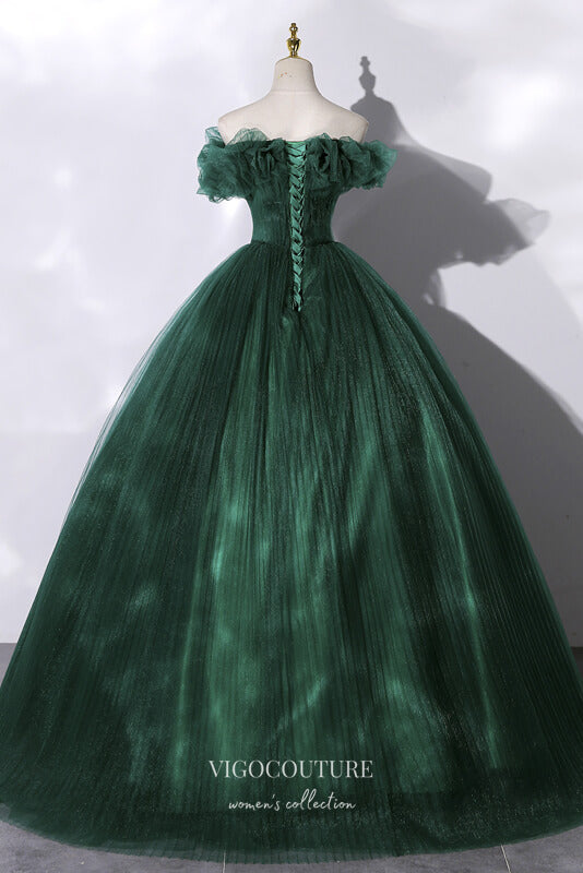 Prom Dress 2025 Green Off the Shoulder Prom Dress with Pleated Tulle 22344-unique elegant Prom Dresses-Green-Custom Size-vigocouture