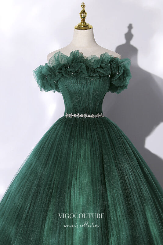 Prom Dress 2025 Green Off the Shoulder Prom Dress with Pleated Tulle 22344-unique elegant Prom Dresses-Green-Custom Size-vigocouture