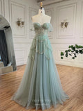 Green Off the Shoulder Tiered Prom Dresses Sparkly Beaded Pageant Dress 25020