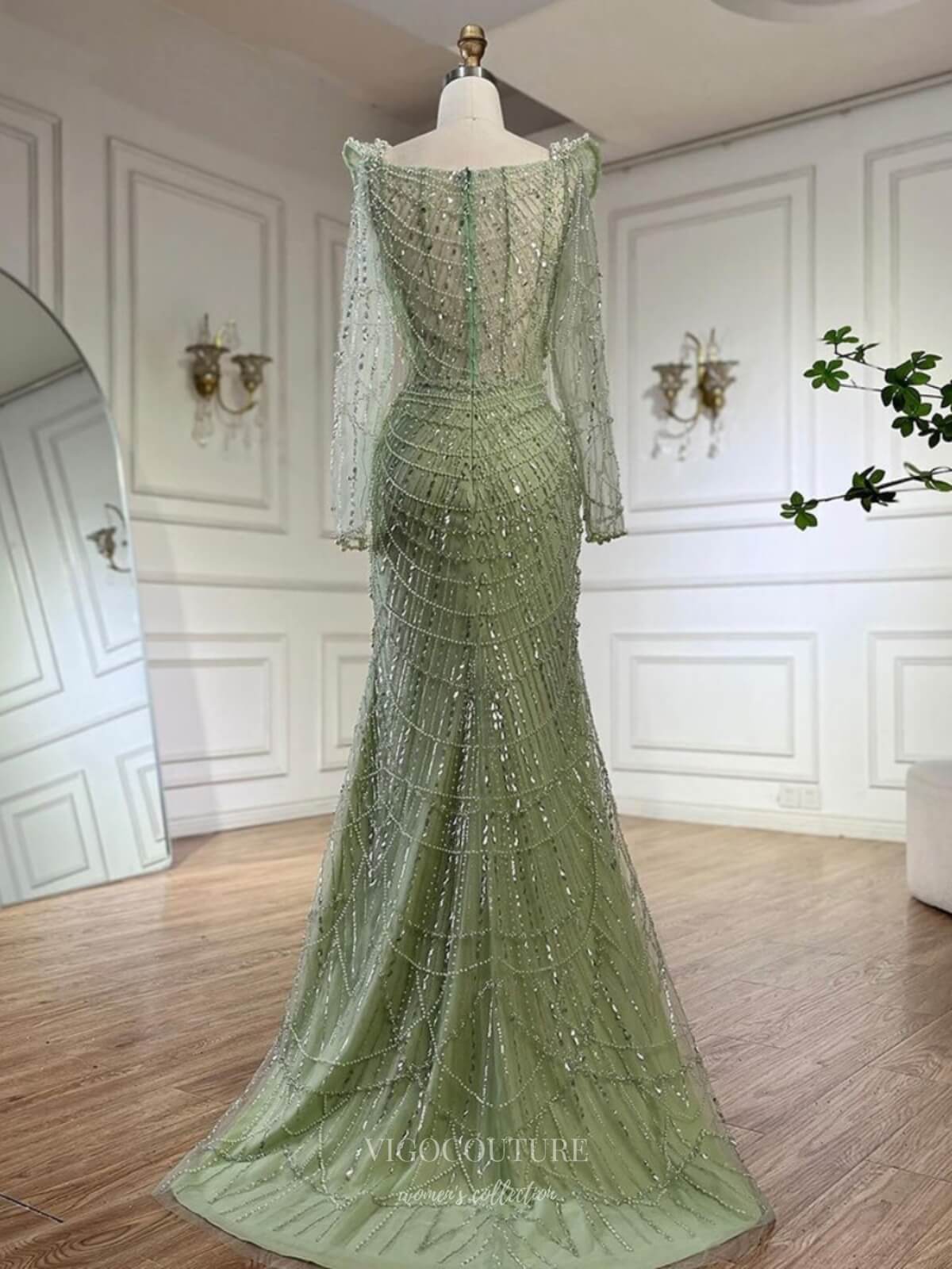 Green Pearl String Mermaid Pageant Dresses Sheer Long Sleeve Formal Gown 25017 Green / US14 Green Pearl String Mermaid Pageant Dresses Sheer Long Sleeve Formal Gown 25017 Green / US14