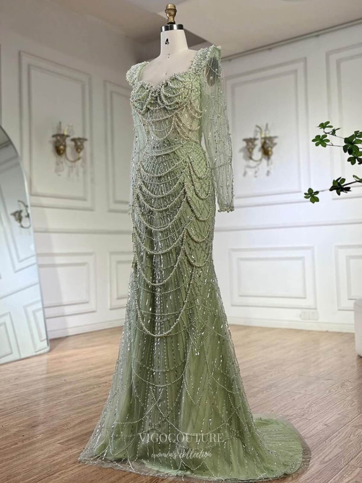 Green Pearl String Mermaid Pageant Dresses Sheer Long Sleeve Formal Gown 25017 Green / US14 Green Pearl String Mermaid Pageant Dresses Sheer Long Sleeve Formal Gown 25017 Green / US14