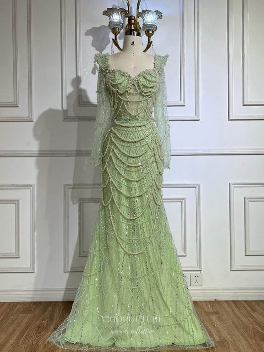 Prom Dress 2025 Green Pearl String Mermaid Pageant Dresses Sheer Long Sleeve Formal Gown 25017-unique elegant Prom Dresses-Green-US2-vigocouture