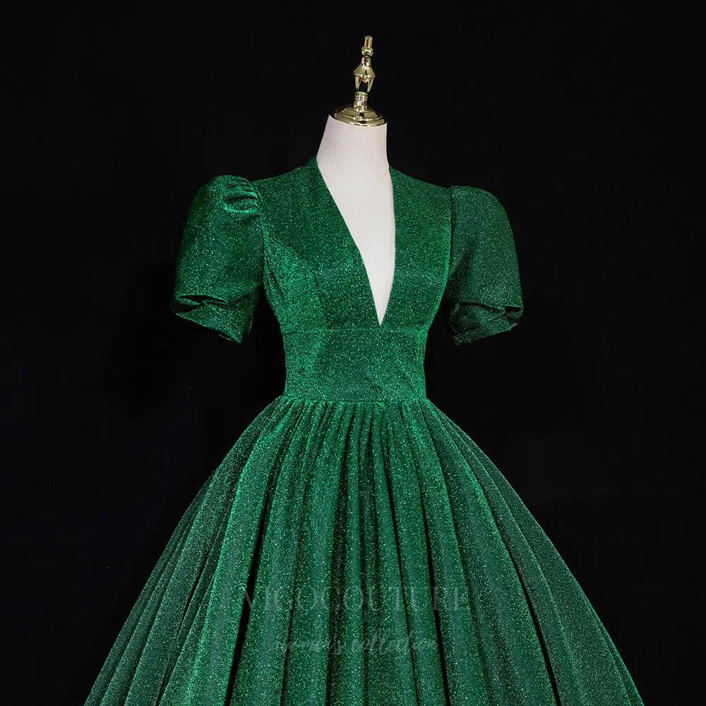 Prom Dress 2025 Green Puffed Sleeve Sparkly Lace Prom Dress 20683-unique elegant Prom Dresses-Green-US2-vigocouture