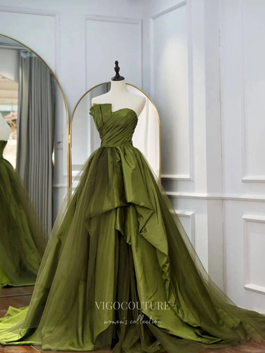 Prom Dress 2025 Green Ruffle Tiered Prom Dresses Strapless Pleated Evening Dress 21791-unique elegant Prom Dresses-Green-US2-vigocouture