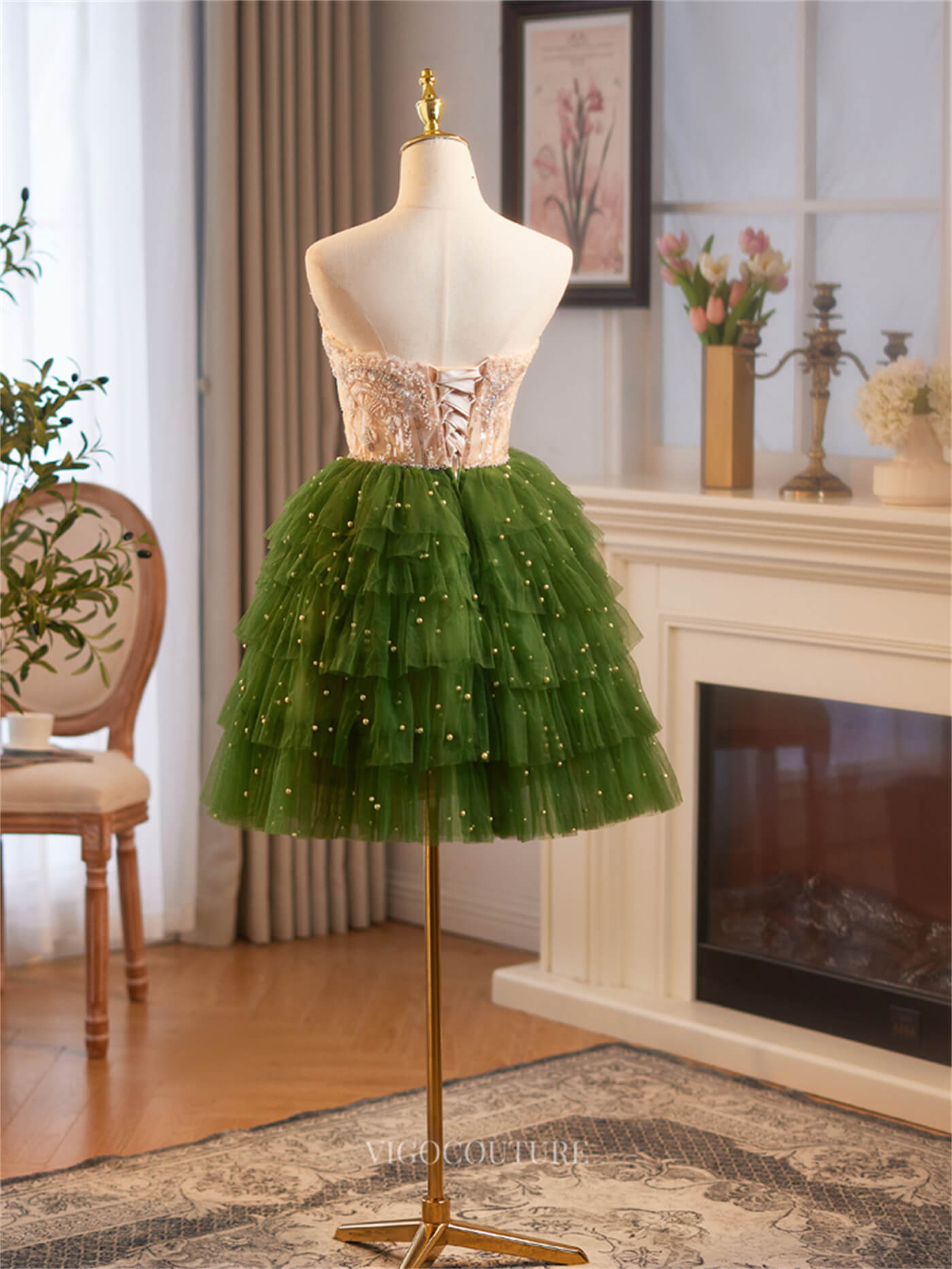 Short Prom Dresses 2025 Green Ruffled Strapless Homecoming Dresses Beaded Lace Short Prom Dress hc472-Prom Dresses-vigocouture-vigocouture