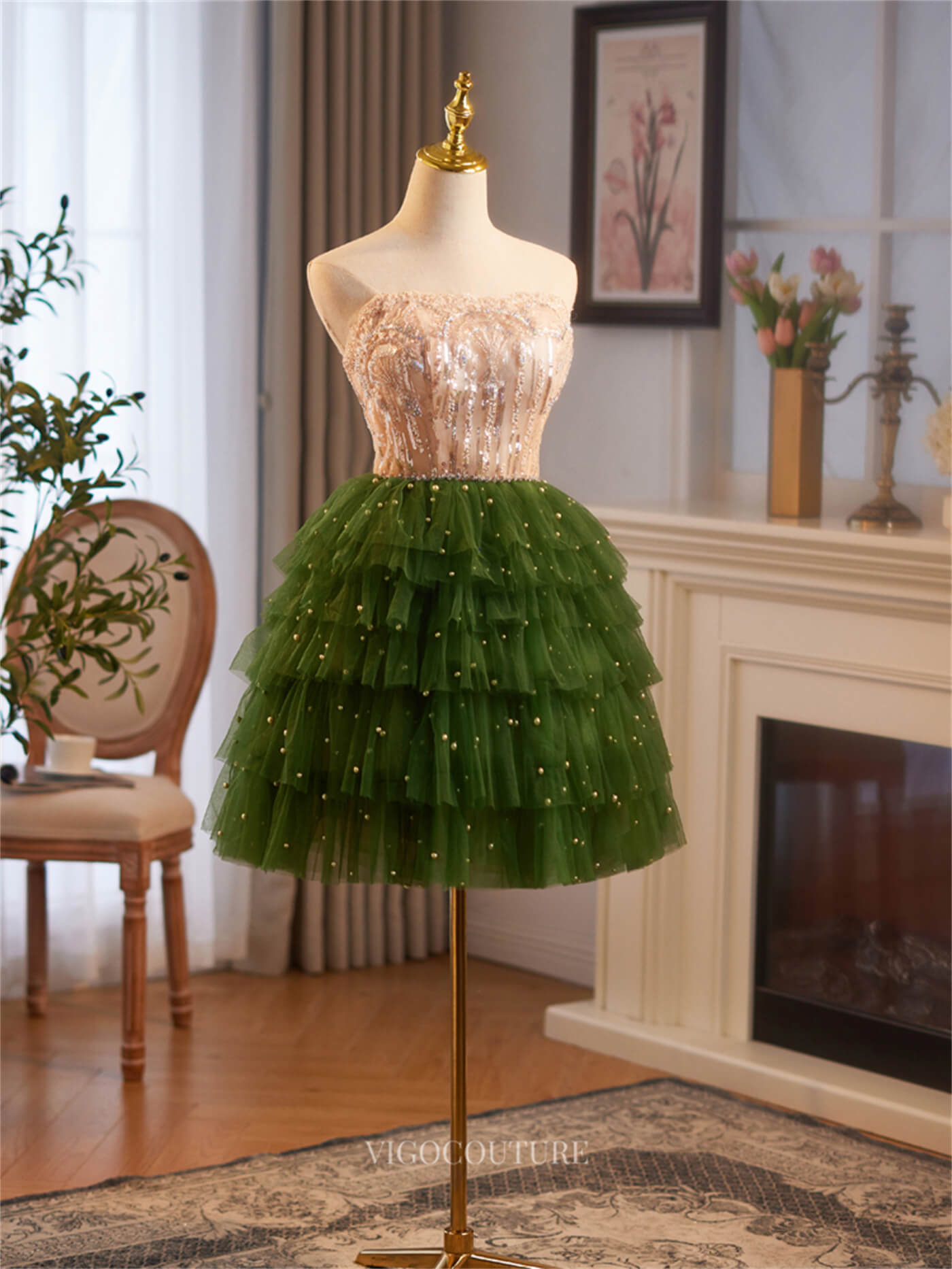 Short Prom Dresses 2025 Green Ruffled Strapless Homecoming Dresses Beaded Lace Short Prom Dress hc472-Prom Dresses-vigocouture-vigocouture