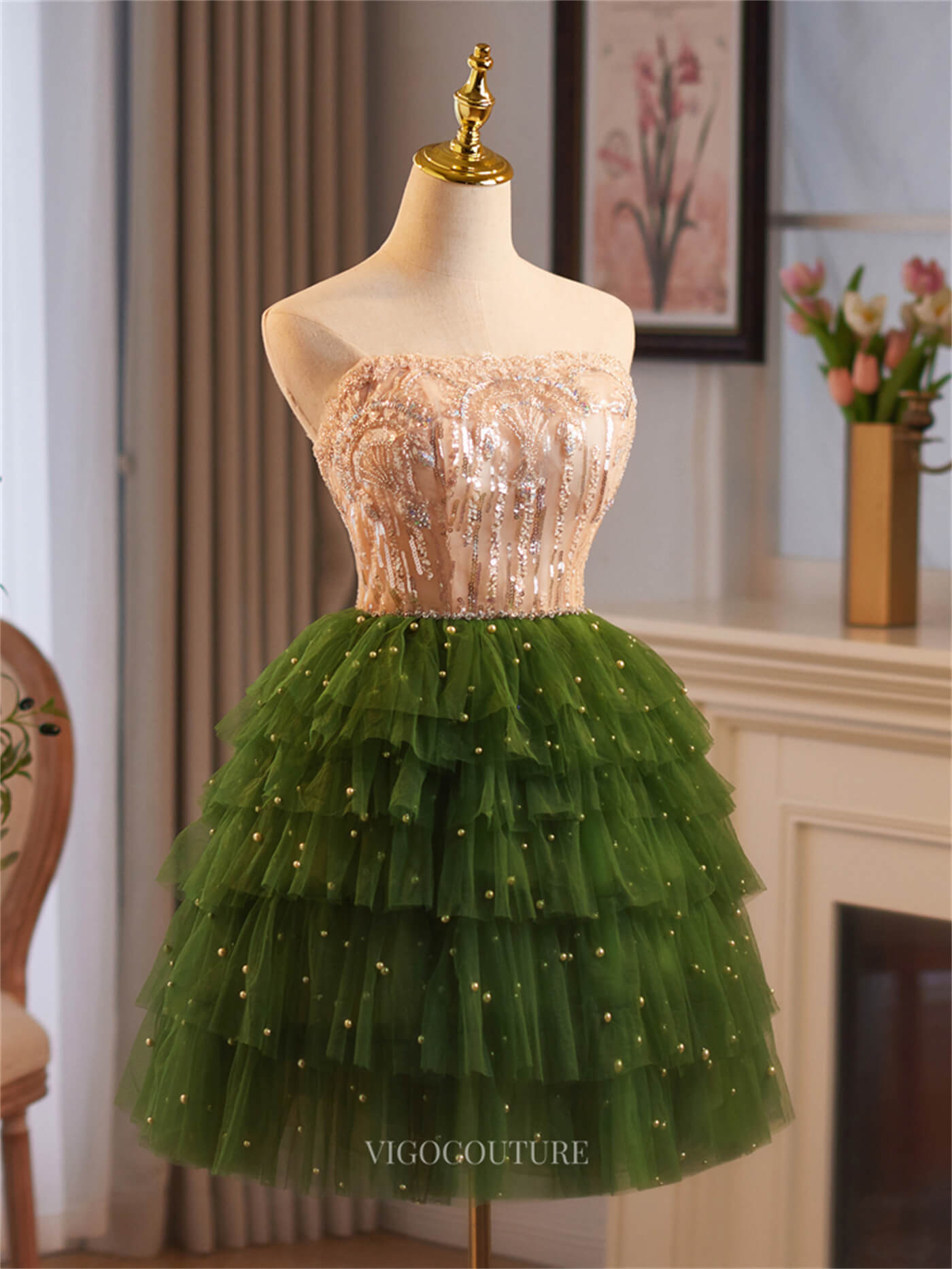 Short Prom Dresses 2025 Green Ruffled Strapless Homecoming Dresses Beaded Lace Short Prom Dress hc472-Prom Dresses-vigocouture-vigocouture