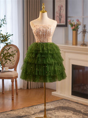 Green Ruffled Strapless Homecoming Dresses Beaded Lace Short Prom Dress hc472