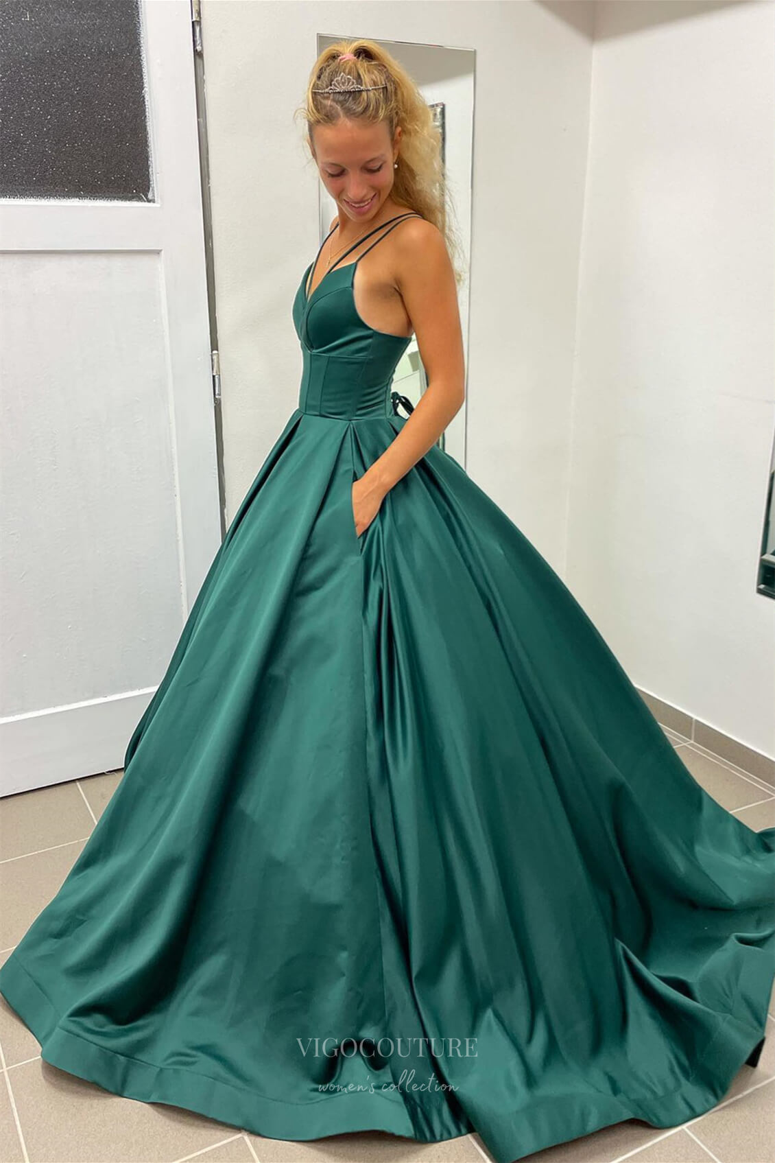 Prom Dress 2025 Green Satin Cheap Prom Dresses 2024 Spaghetti Strap Corset Back 24276-unique elegant Prom Dresses-Green-Custom Size-vigocouture