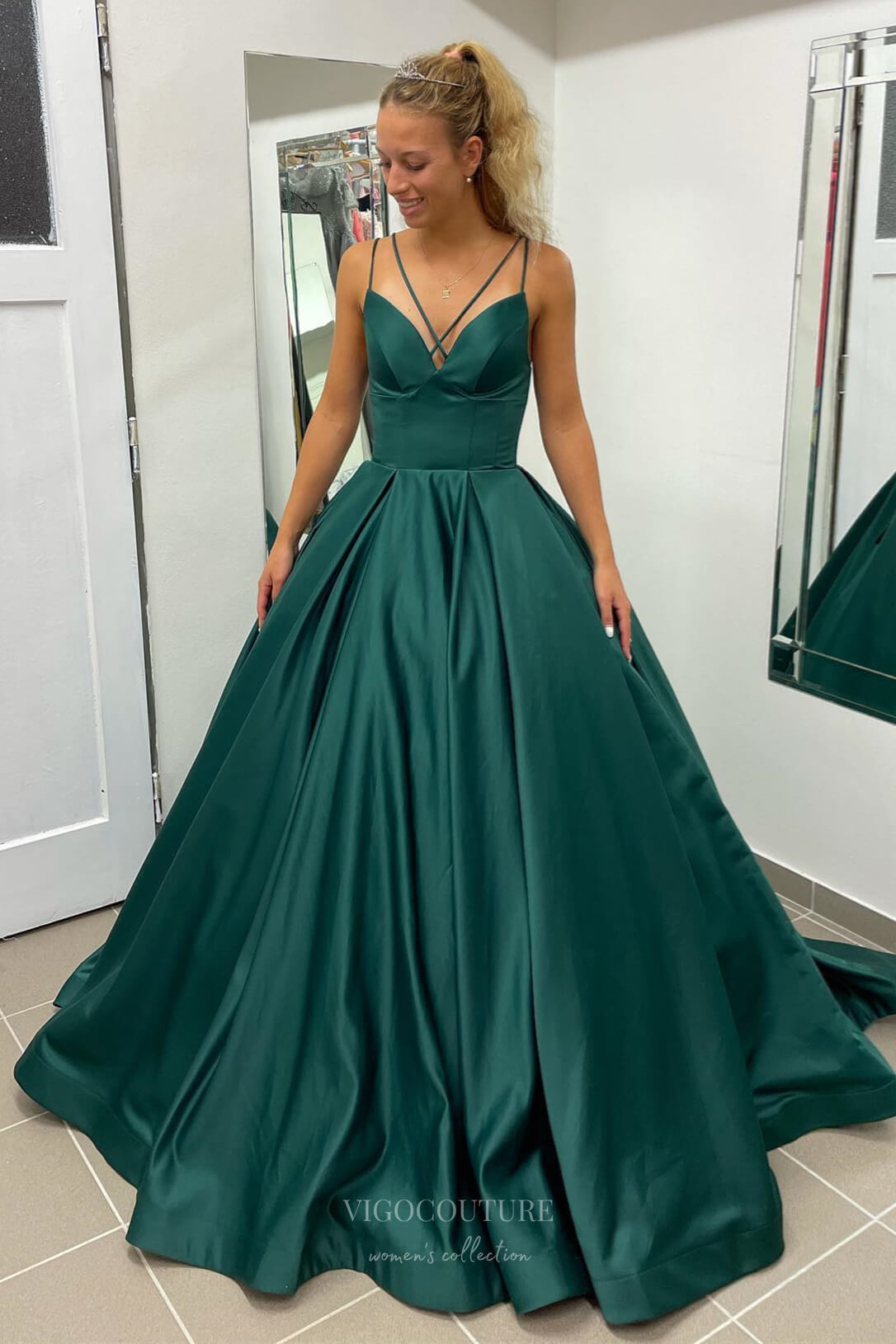 Prom Dress 2025 Green Satin Cheap Prom Dresses 2024 Spaghetti Strap Corset Back 24276-unique elegant Prom Dresses-Green-Custom Size-vigocouture