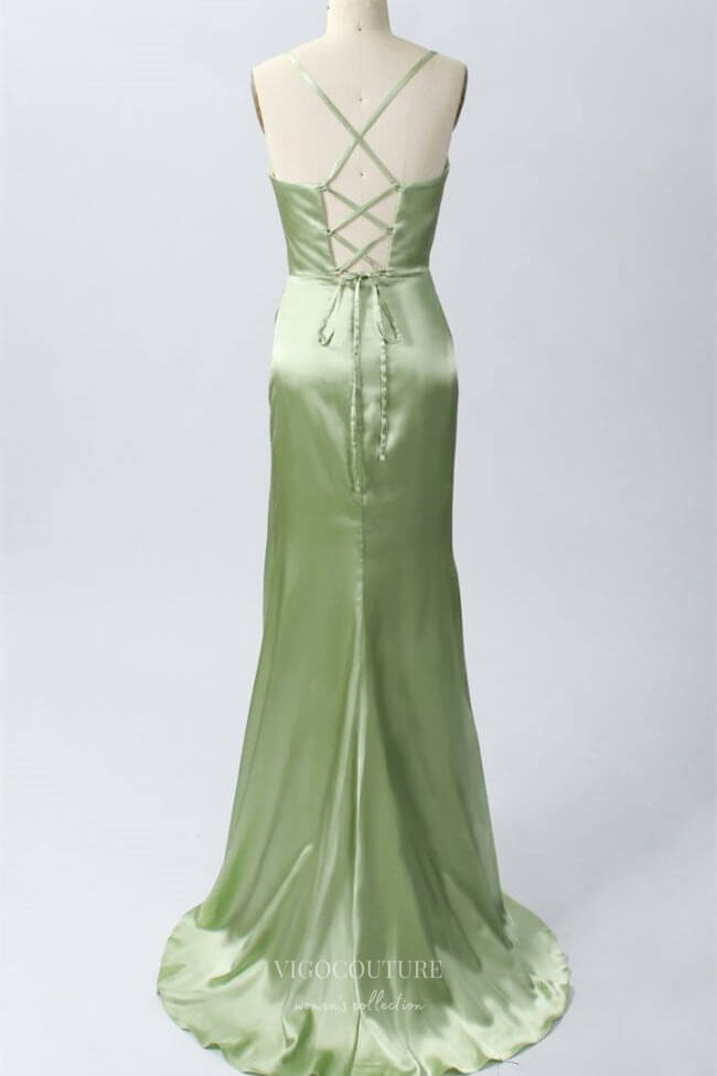 Green Satin Mermaid Cowl Neck Prom Dresses with High Slit Spaghetti St vigocouture Green Satin Mermaid Cowl Neck Prom Dresses with High Slit Spaghetti St vigocouture