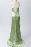 Prom Dress 2025 Green Satin Mermaid Cowl Neck Prom Dresses with High Slit Spaghetti Strap 24455-unique elegant Prom Dresses-Green-Custom Size-vigocouture