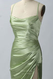 Prom Dress 2025 Green Satin Mermaid Cowl Neck Prom Dresses with High Slit Spaghetti Strap 24455-unique elegant Prom Dresses-Green-Custom Size-vigocouture