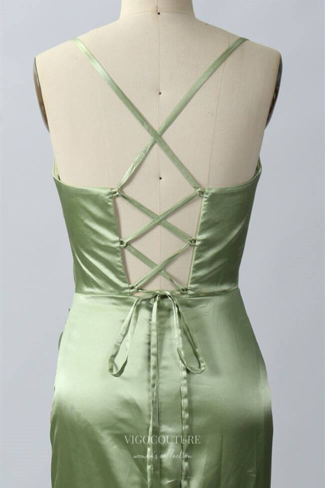 Green Satin Mermaid Cowl Neck Prom Dresses with High Slit Spaghetti St vigocouture Green Satin Mermaid Cowl Neck Prom Dresses with High Slit Spaghetti St vigocouture