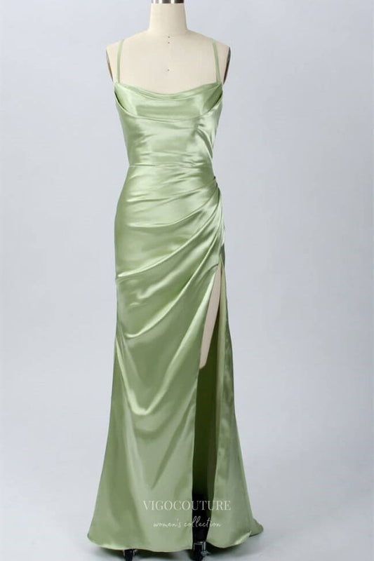 Prom Dress 2025 Green Satin Mermaid Cowl Neck Prom Dresses with High Slit Spaghetti Strap 24455-unique elegant Prom Dresses-Green-Custom Size-vigocouture