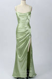 Green Satin Mermaid Cowl Neck Prom Dresses with High Slit Spaghetti Strap 24455