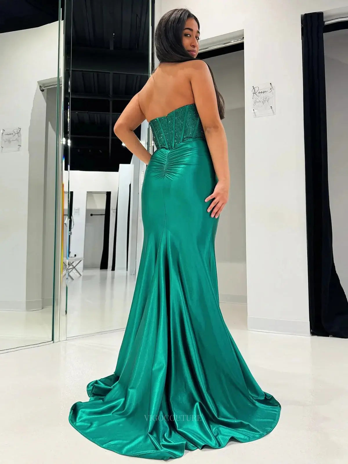 Prom Dresses 2025 to impress Green Satin Mermaid Prom Dresses 2025 Strapless Beaded Formal Dresses with Slit – 25146-vigocouture-vigocouture