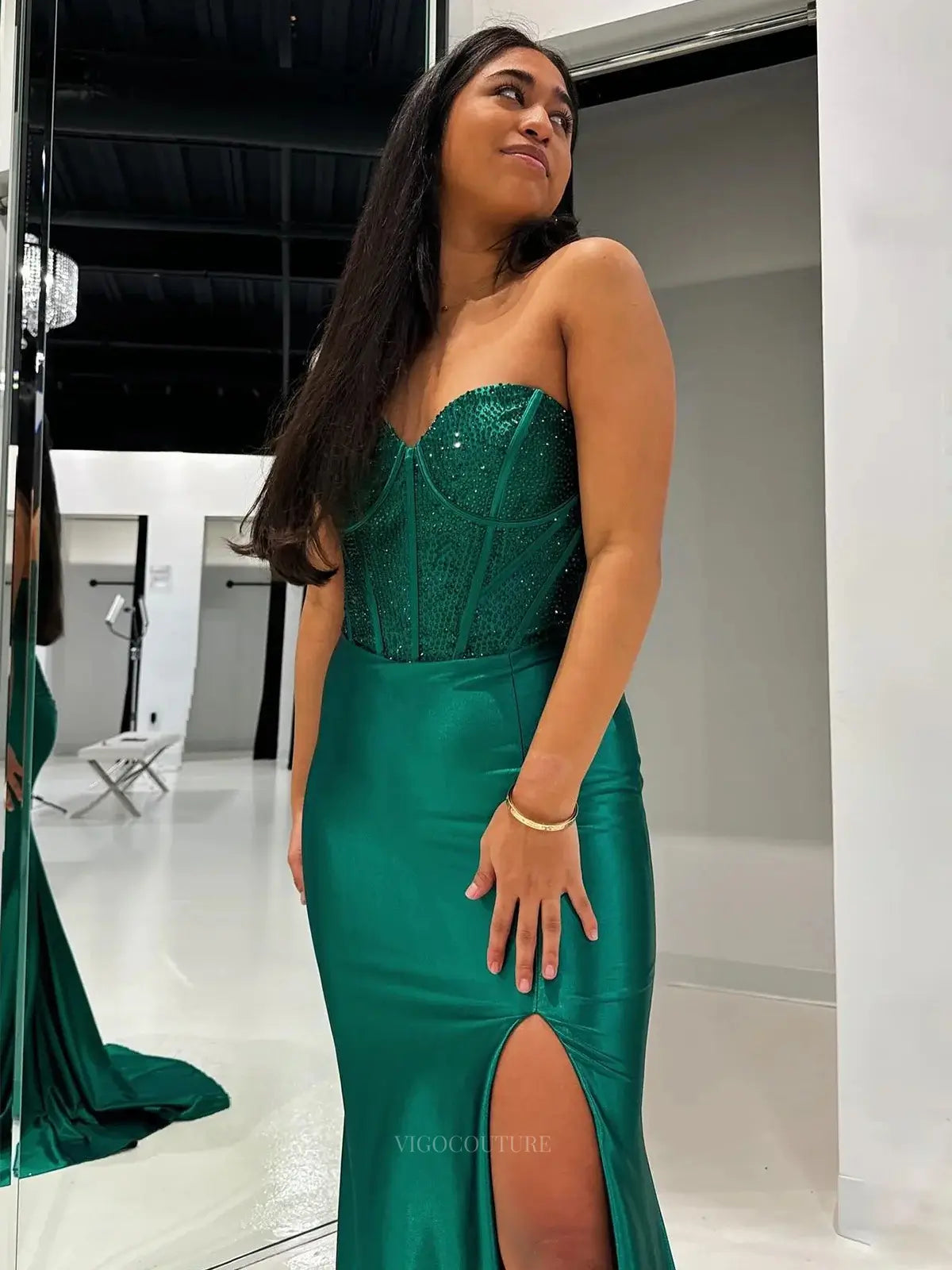 Prom Dresses 2025 to impress Green Satin Mermaid Prom Dresses 2025 Strapless Beaded Formal Dresses with Slit – 25146-vigocouture-vigocouture