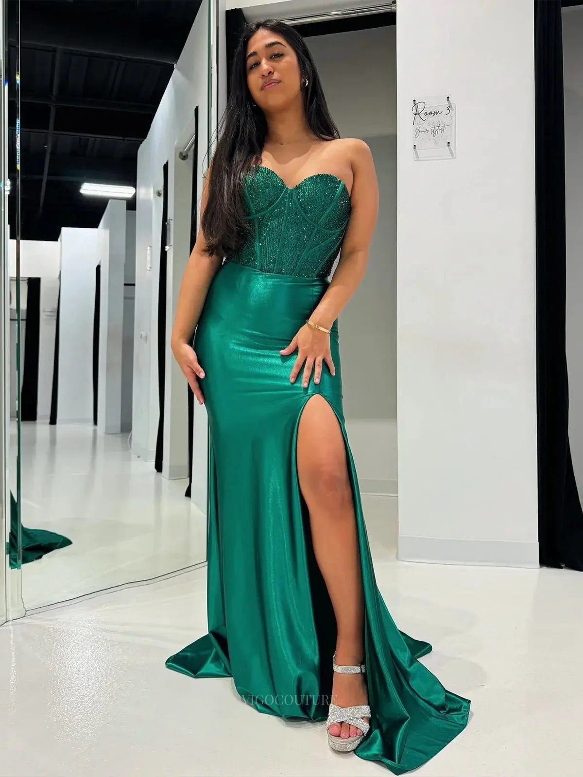 Prom Dresses 2025 to impress Green Satin Mermaid Prom Dresses 2025 Strapless Beaded Formal Dresses with Slit – 25146-vigocouture-Green-Custom Size-vigocouture